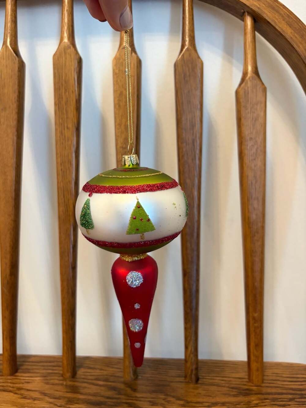 Glass Christmas Finial Ornament Red Green White 7 Inch
